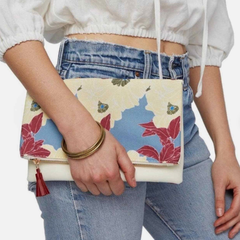 Rachel Pally Reversible Foldover Clutch Bag Cream Faux Leather Floral